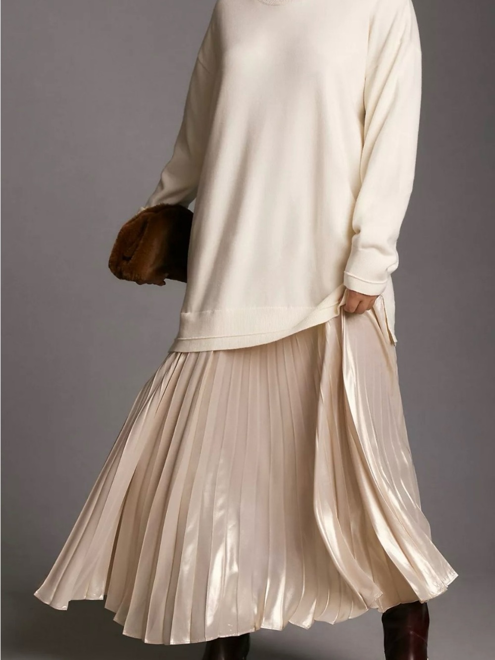 Anthropologie Long-Sleeve Pleated Twofer Sweater Midi Dress